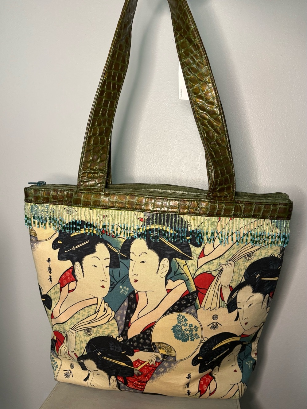 Japanese Print Shoulder Bag with Croc-Embossed Trim/Strap print